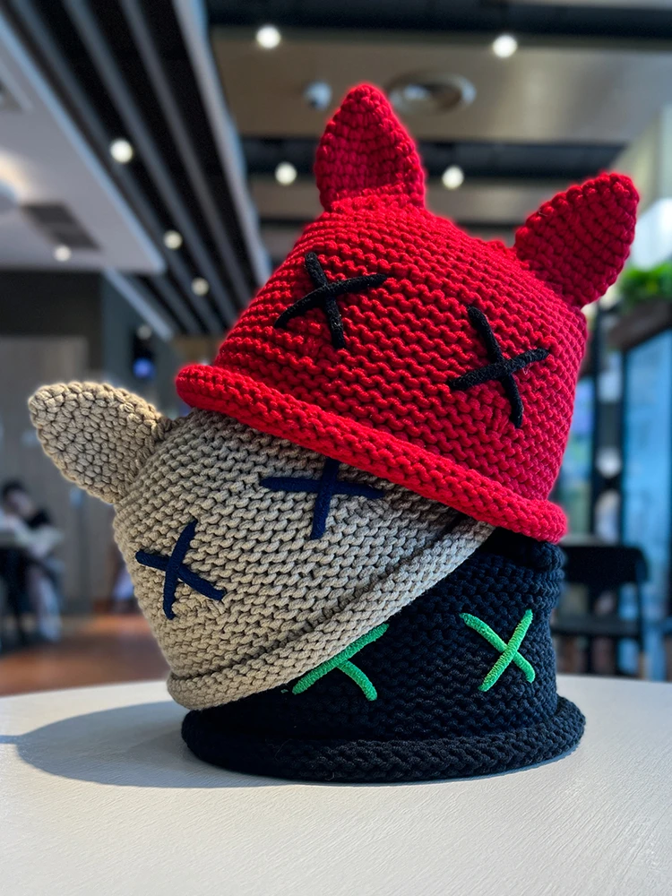 洋气可爱猫耳朵毛线帽子女冬天保暖手工针织帽百搭新款包头冷帽