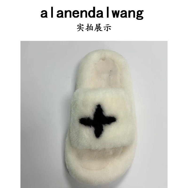 【老周手工女鞋冬季】新款厚底白色毛毛拖鞋时尚百搭平底一字拖外穿