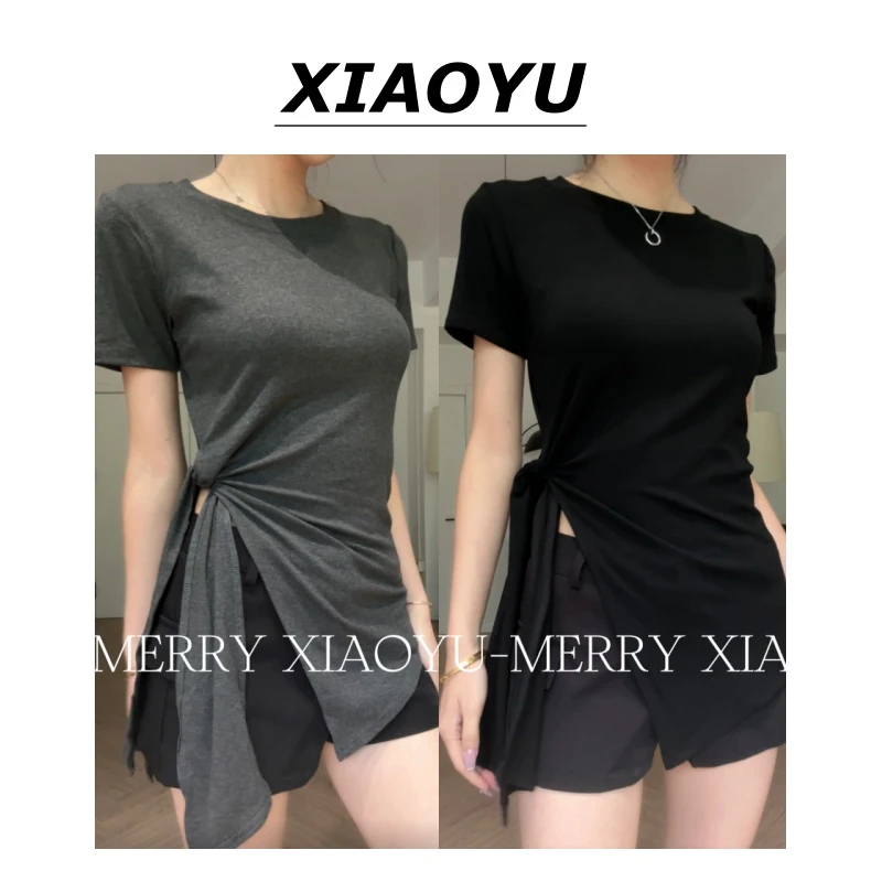 小鱼【薄荷之夏】甜辣风开叉绑带设计感上衣不规则收腰修身T恤