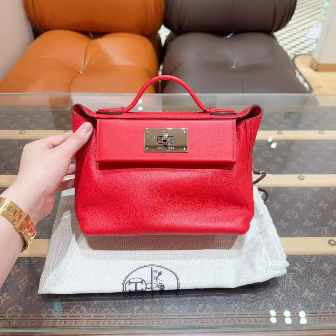 99新 Hermes/爱马仕 2424 mini S3心红色银扣 evercolor包