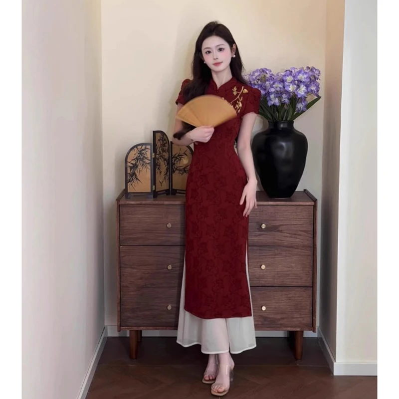 新中式国风女装假两件旗袍2025夏新品洋气衣服刺绣气质修身连衣裙