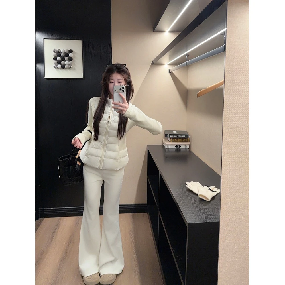 今年流行时尚保暖收腰显瘦棉服女短外套毛衣拼接白色休闲长裤套装