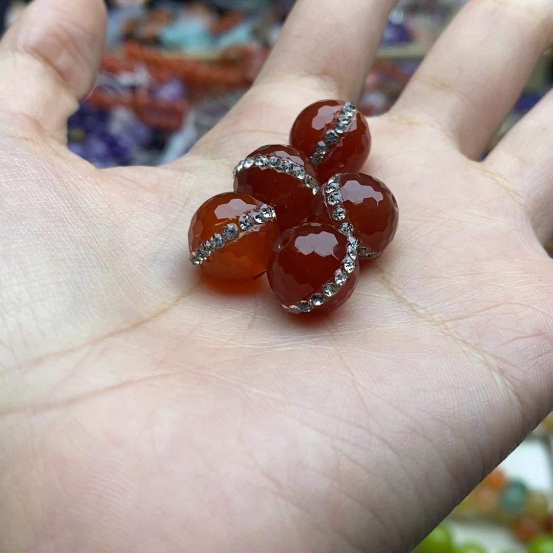 玛瑙/玉髓未镶嵌珠宝半成品五个装纯天然切面红玛瑙钻球12mm