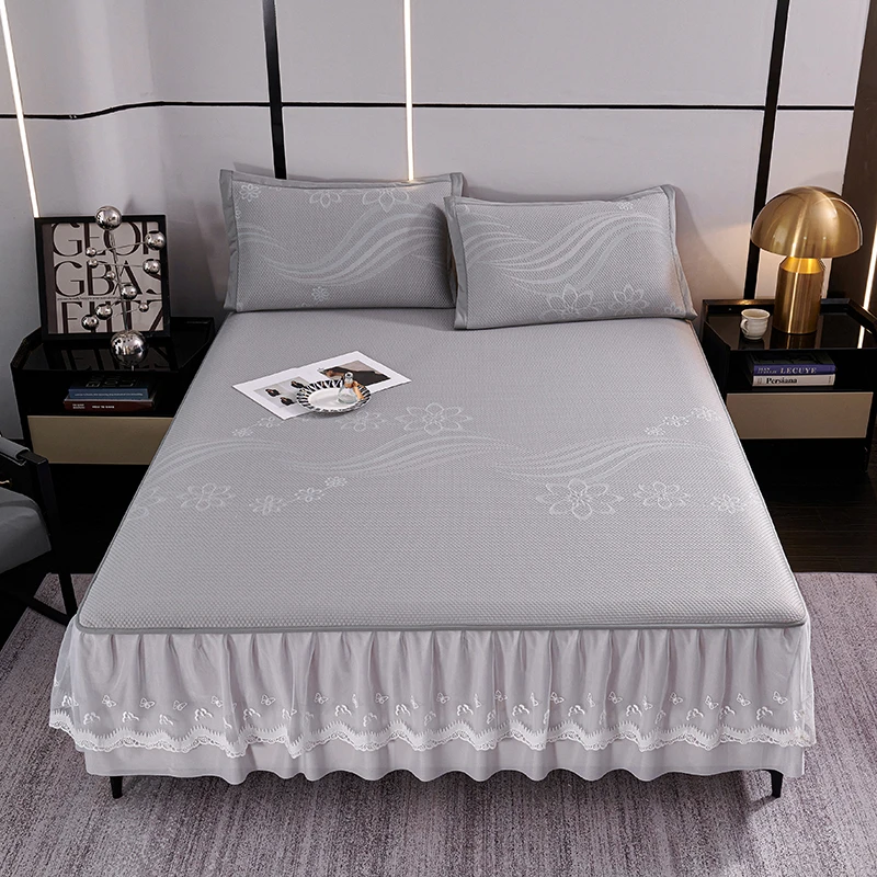 水星新家纺夏季床裙凉席7A抗菌母婴级纯乙纶PE刺绣凉感丝豆豆席