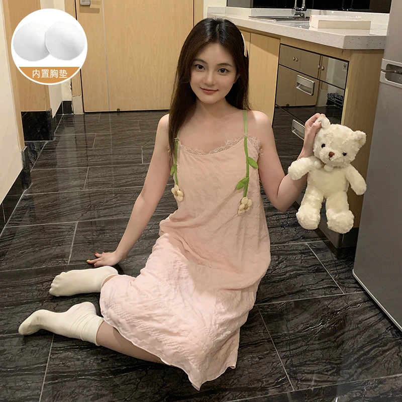 夏天新款蕾丝性感吊带睡裙薄款无袖韩版甜美纯欲风女家居服简约女