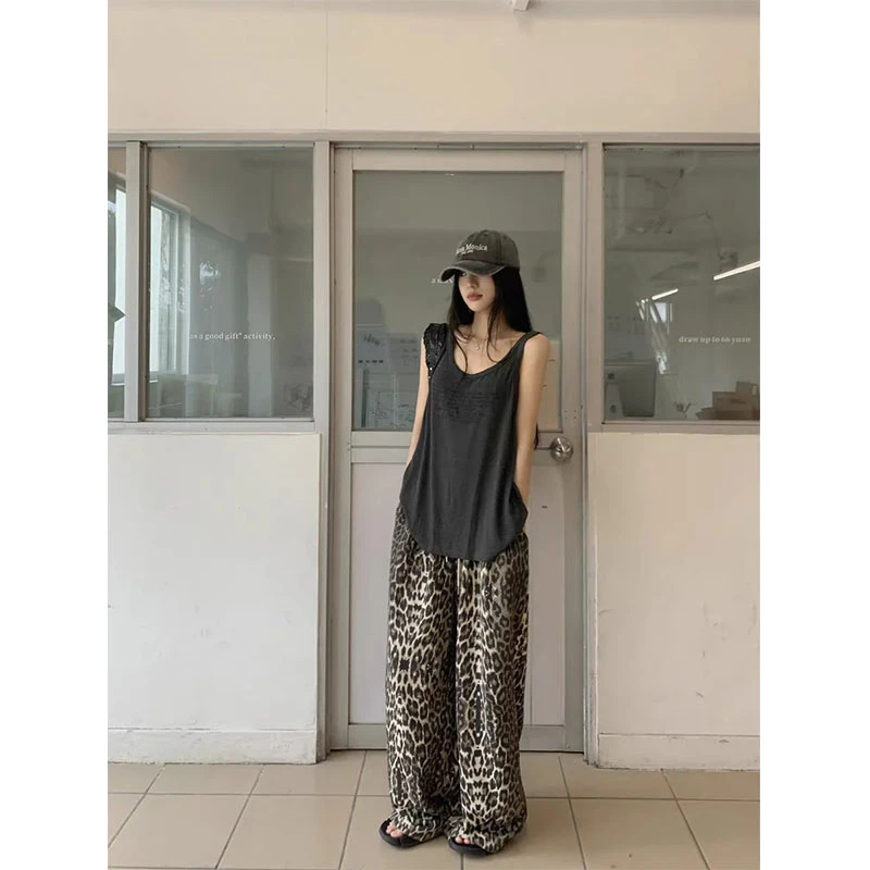 2025秋季新款修身显瘦简约百搭时尚无袖上衣豹纹休闲宽松直筒长裤