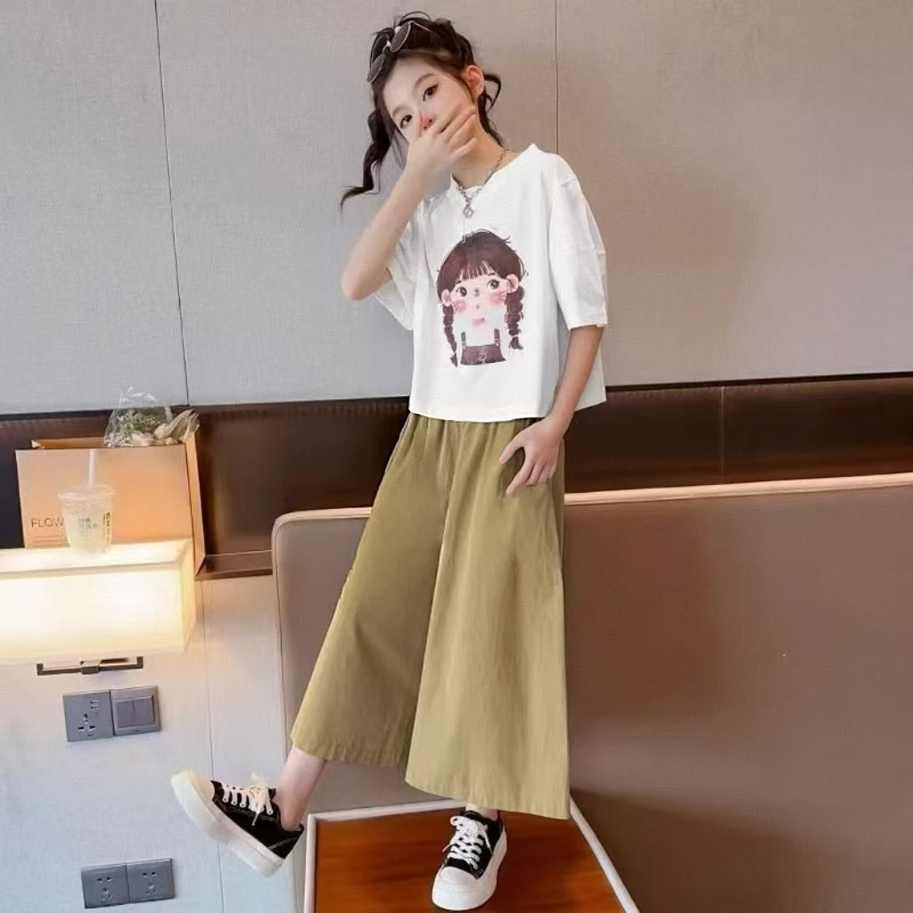 夏季2025女童新款套装小女孩时髦洋气新款短袖阔腿长裤两件套