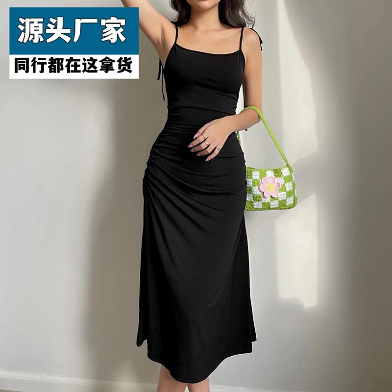 梵乐芬现货欧美夏季新款黑色吊带裙女侧腰小抽褶束腰显瘦连衣裙