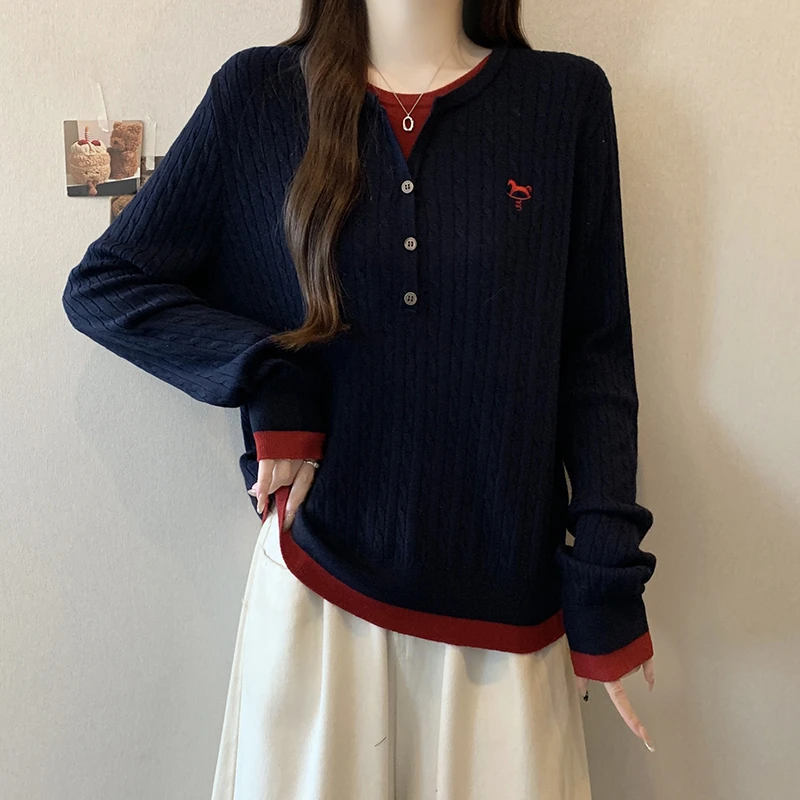 叽咕大码胖MM假两件长袖针织衫女秋冬季新款显瘦上衣可外穿打底衫