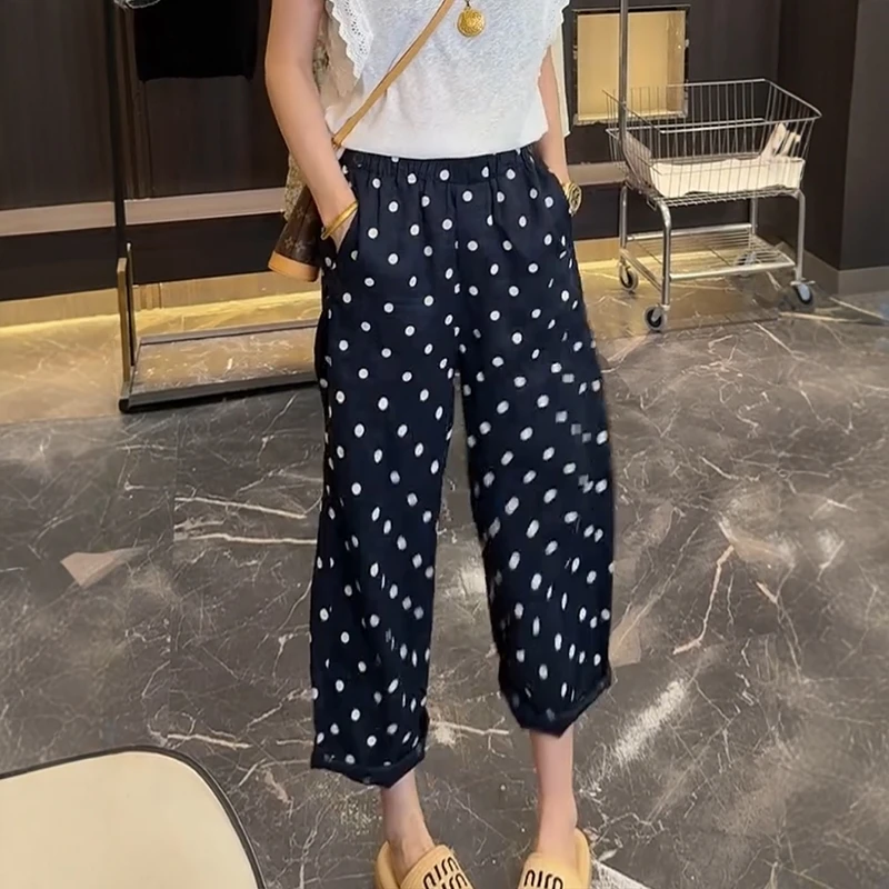 大码梨形身材小个子高腰显瘦波点阔腿裤女夏季薄款百搭九分休闲裤