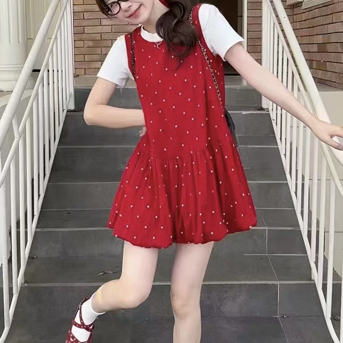 大码2025夏新款可爱减龄小个子圆领半袖红色波点背带女甜美风套装