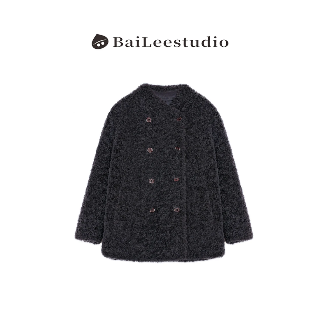 【柏栗良品】2025冬季新款~设计师款双排扣皮毛一体外套女25653