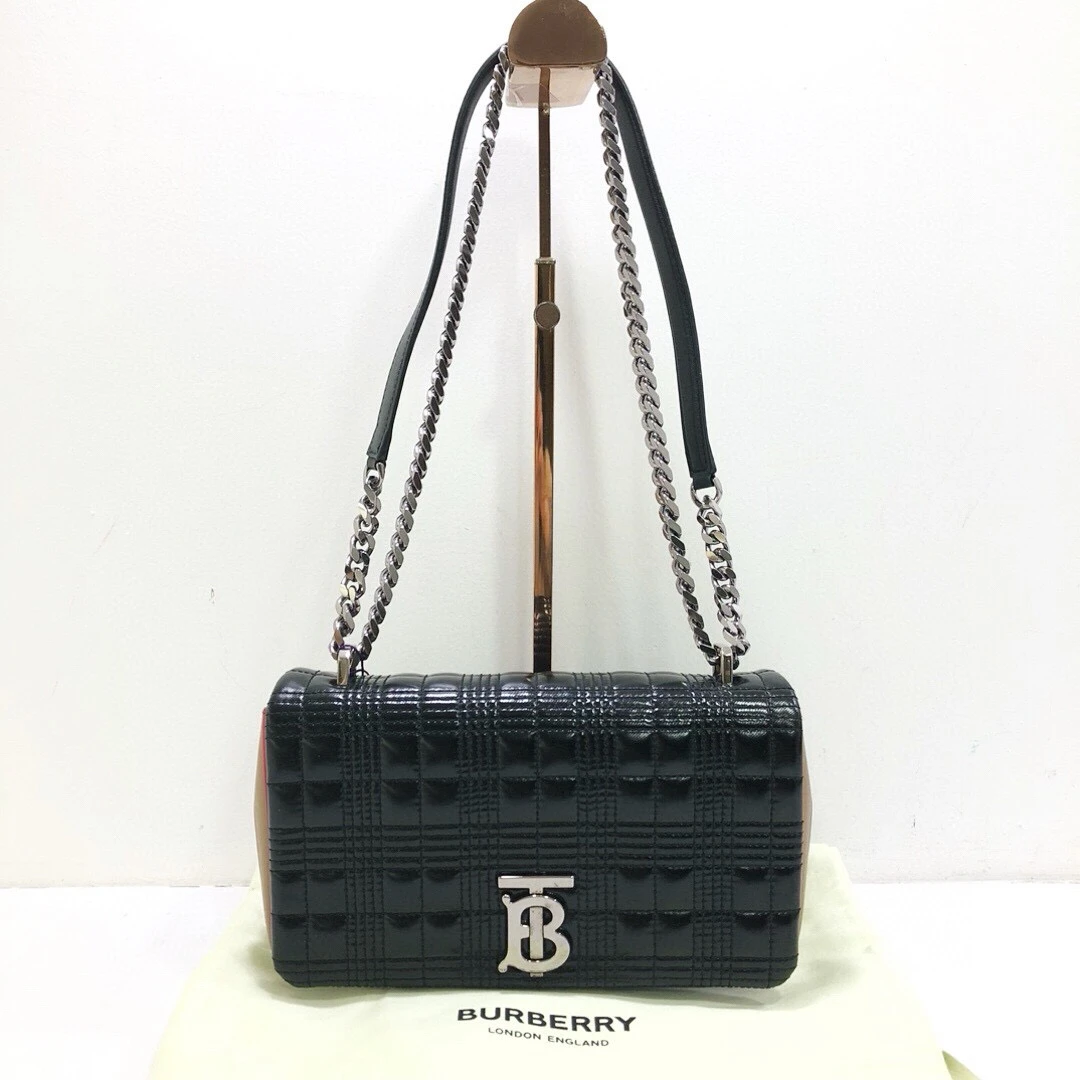 95新 BURBERRY/博柏利 巴宝莉黑色全皮拼条纹TB扣lola单肩斜挎包