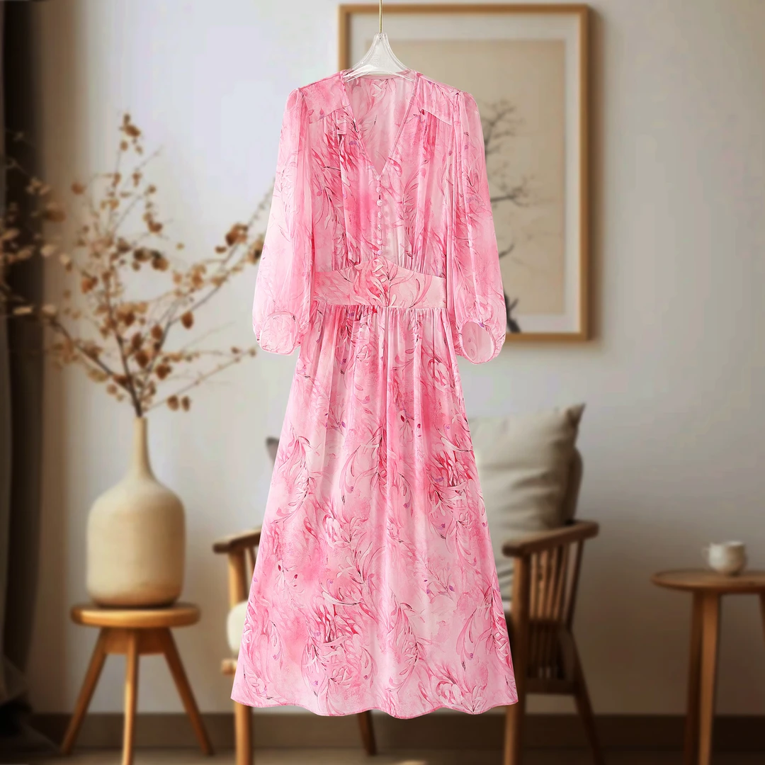 “小云总专享”重磅单层6A真丝印花100%桑蚕丝显瘦女士连衣裙5601