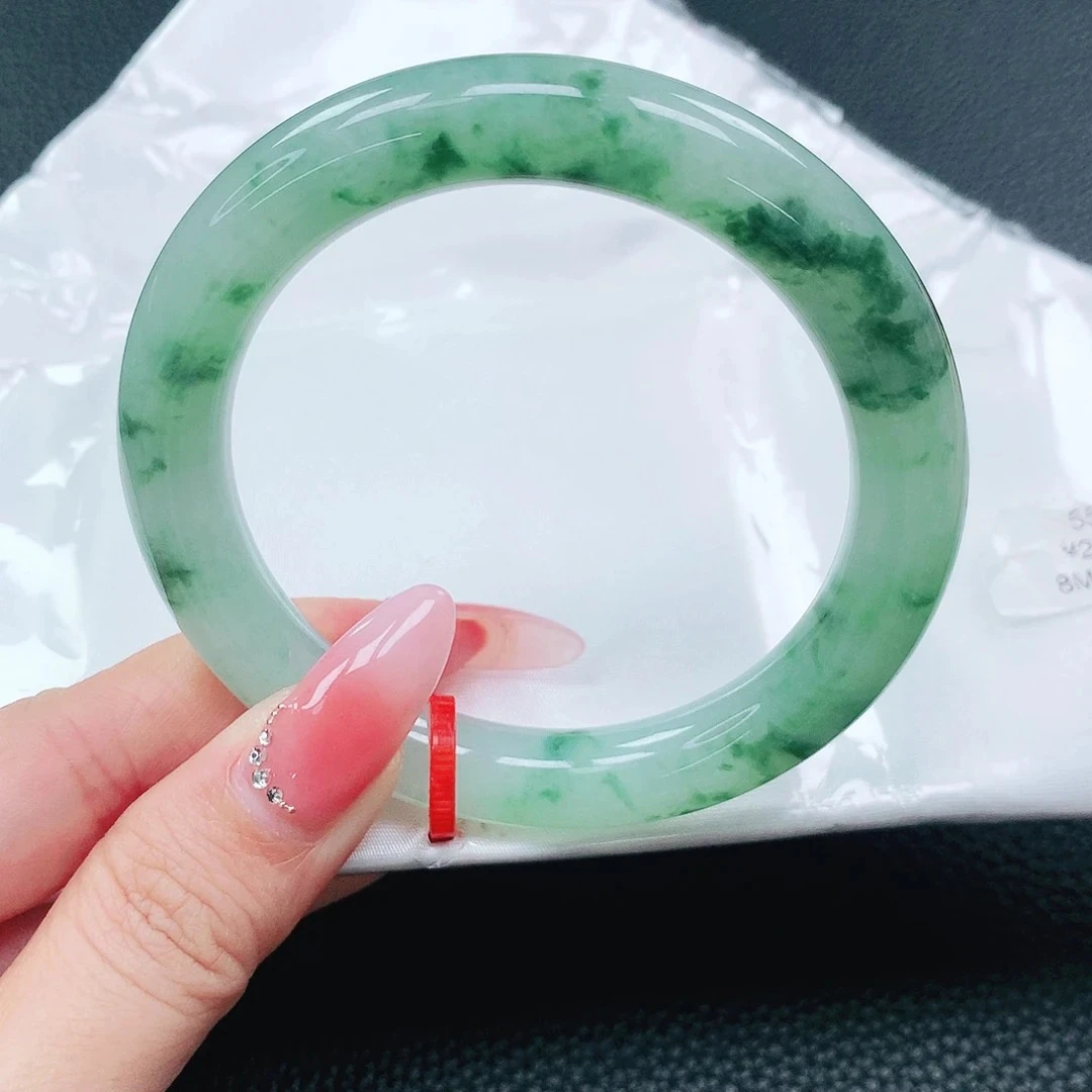 缅甸天然翡翠飘花圆条手镯55圈口