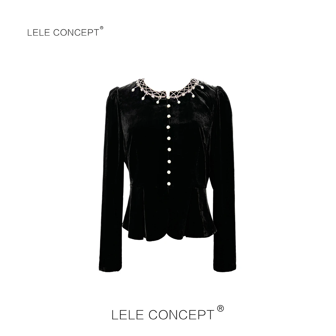 LELE CONCEPT丨法式轻奢设计款圆领钉珠系扣上衣S0877