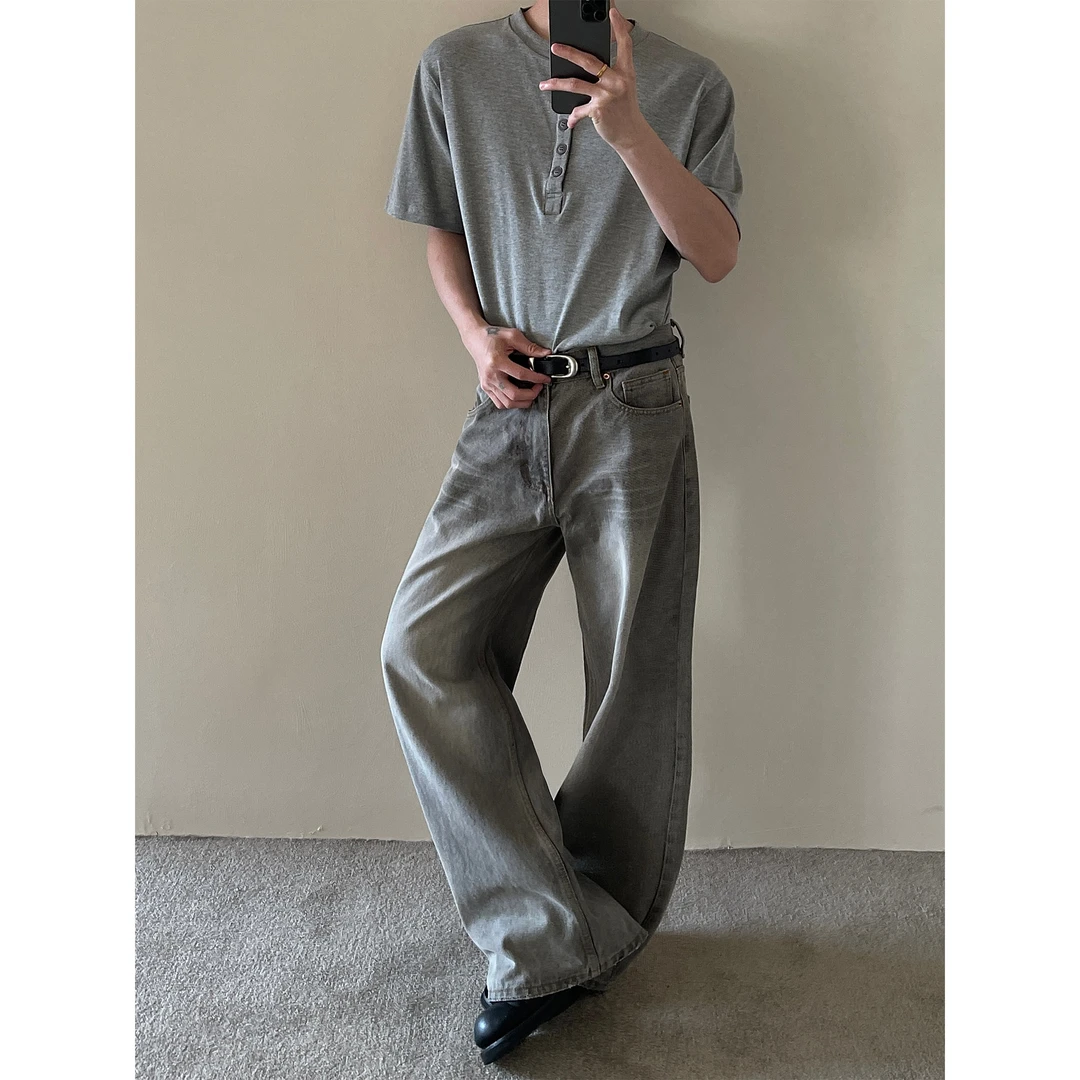 BINXLAN美式复古烟灰色做旧水洗cleanfit牛仔裤男女宽松直筒长裤