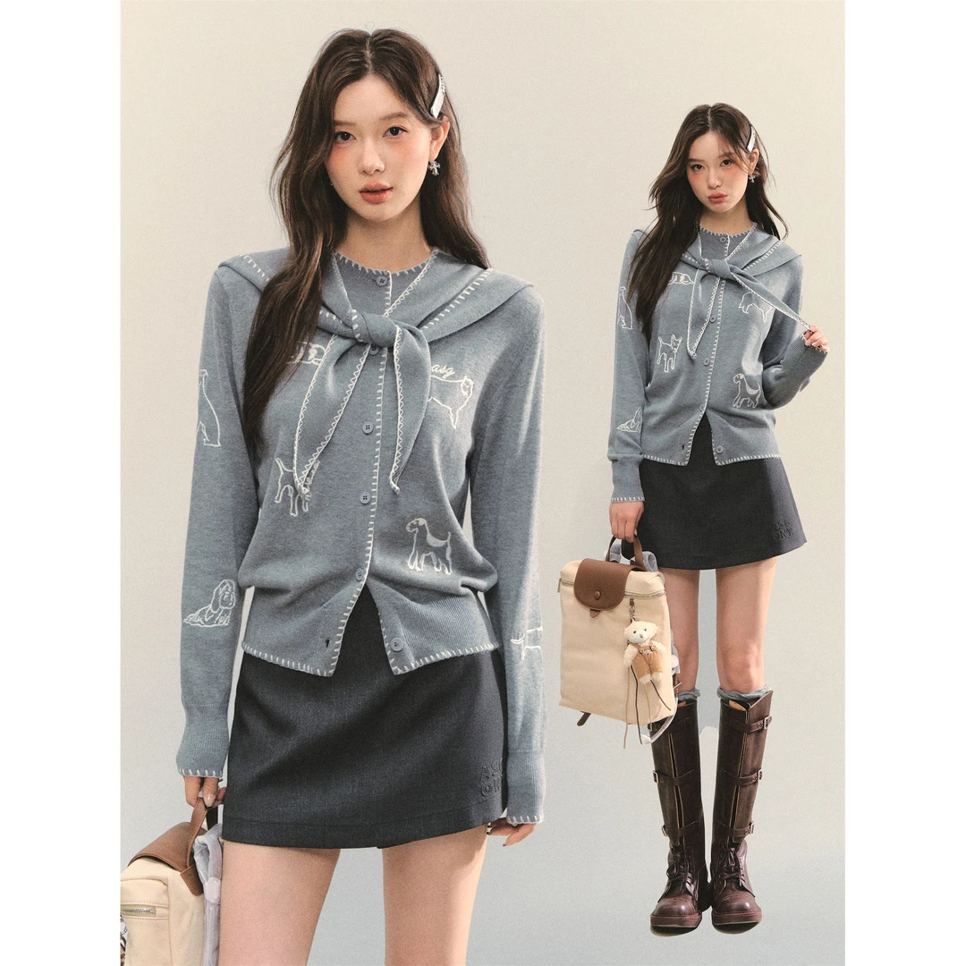 AsGony小狗刺绣边缘装饰带帽针织衫两件套高级感减龄宽松显瘦上衣