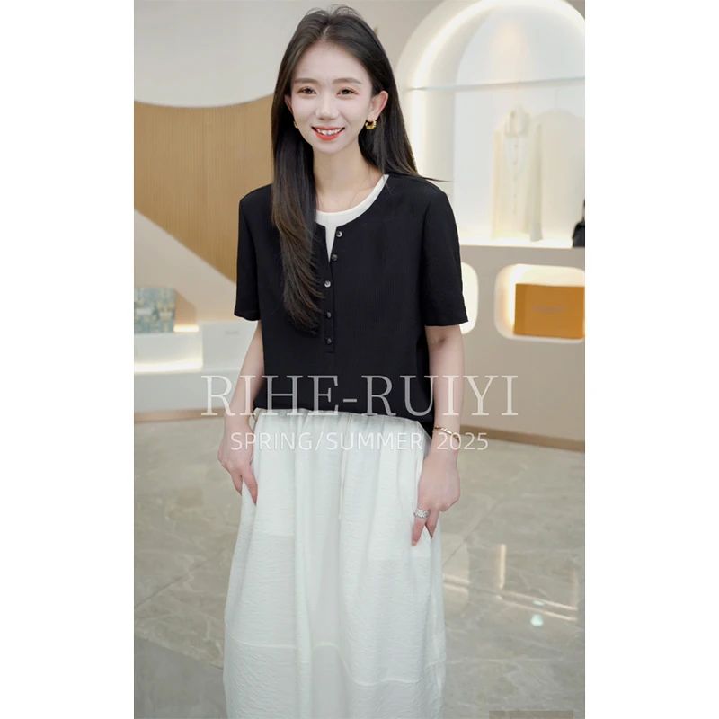 R H 【假两件】2025年新款时尚气质显瘦休闲设计感凌条绸T恤2568