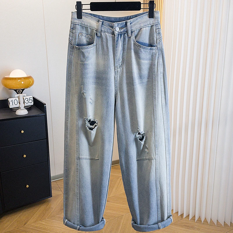 春夏款破洞牛仔裤复古潮流百搭时尚阔腿裤高腰显瘦弹力拖地裤薄款