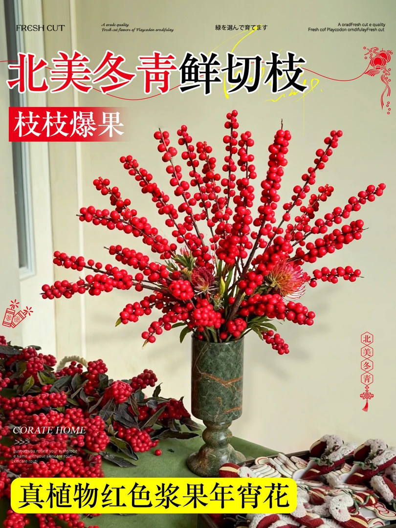 【福利款】50-60CM观赏北美冬青红果鲜切花，室内水培年宵花高端喜庆