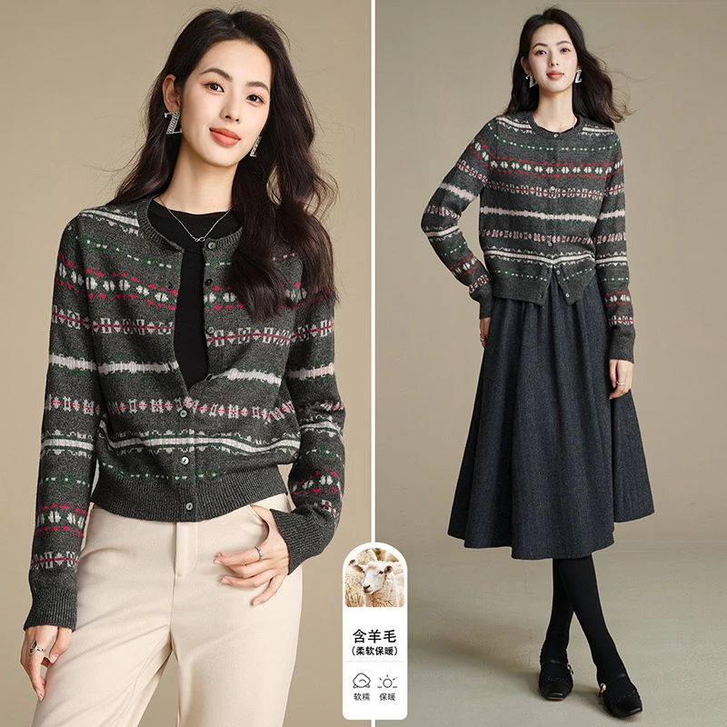 晚白【新品】2025冬季费尔岛毛衣小个子针织外套针织开衫女25052225