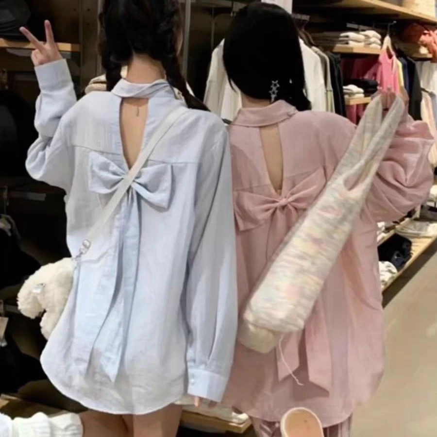 大码蝴蝶结镂空美背衬衫女2025爆款百搭减龄中长款上衣宽松衬衫