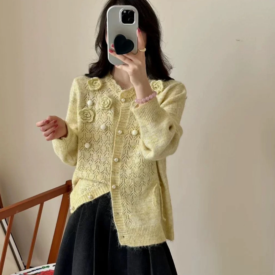 237手工扎花工艺花朵明珠扣镂空收腰显瘦针织开衫