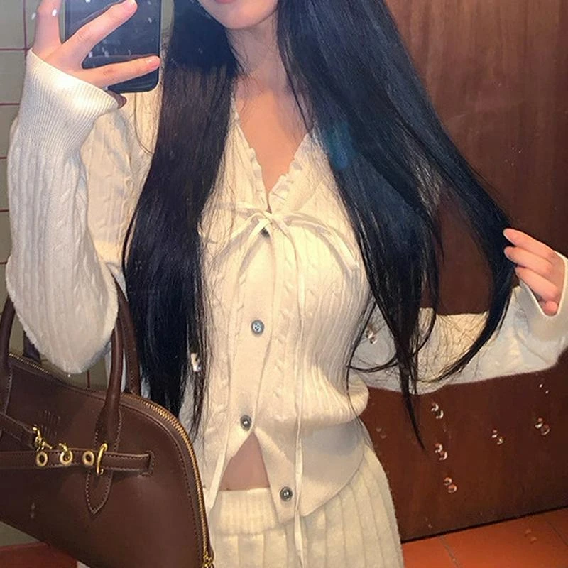 学院风针织开衫女装秋冬新品减龄蕾丝边系带小个子麻花毛衣外套