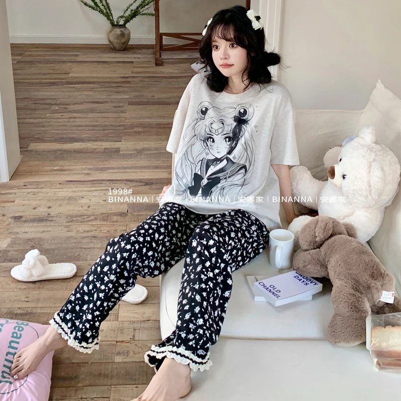 睡衣夏季女款2025新款短袖美少女薄款针织长裤动漫夏款套装家居服