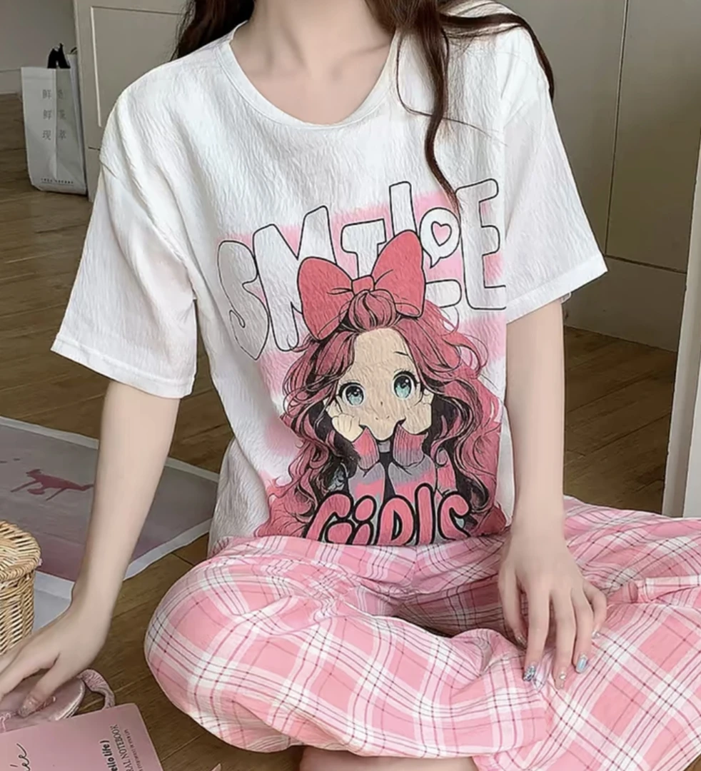 带胸垫卡通短袖长裤女夏季可外出休闲简约睡衣家居服