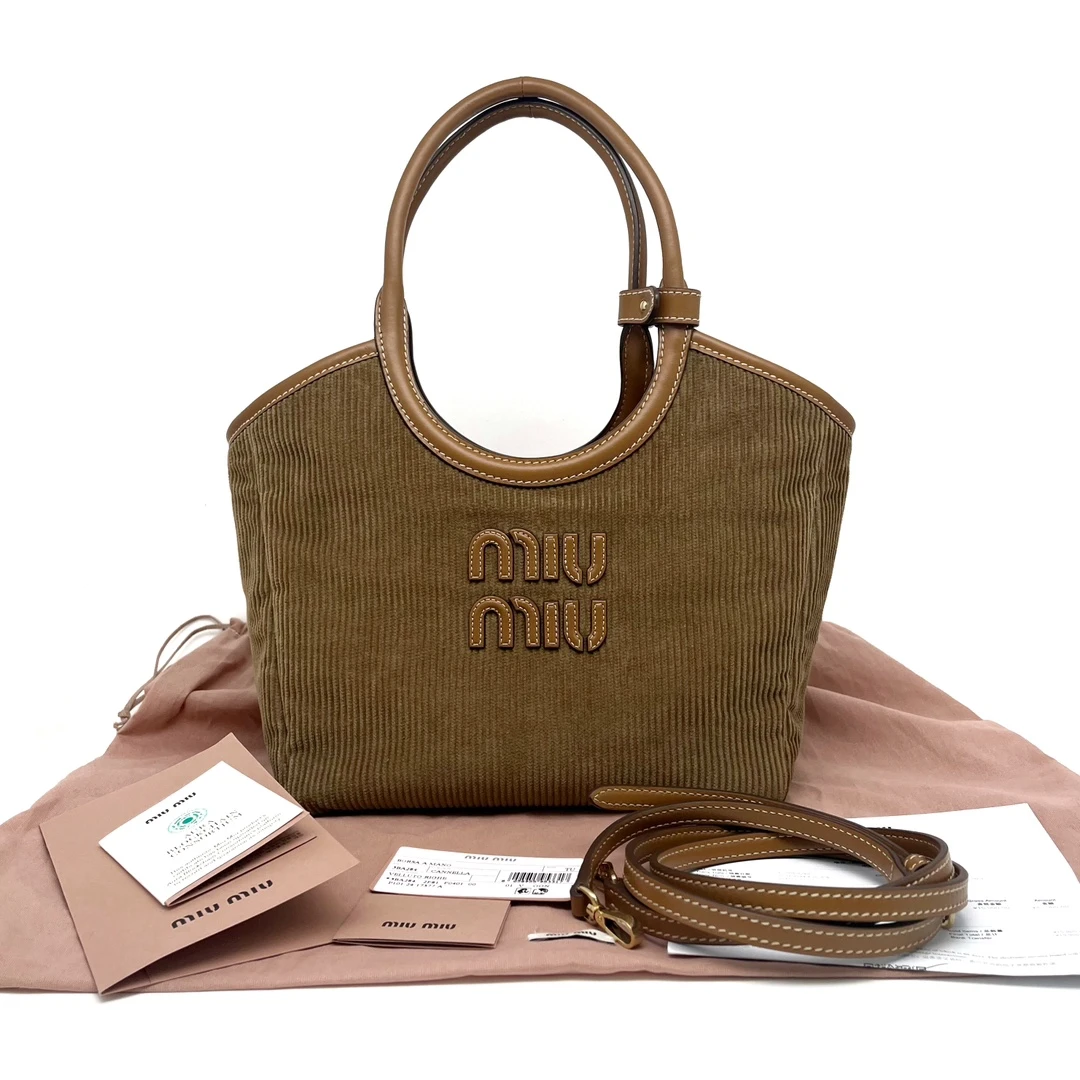 99新 MIU MIU/缪缪 24年小票 新款棕色丝绒tote灯芯绒小号 托特包