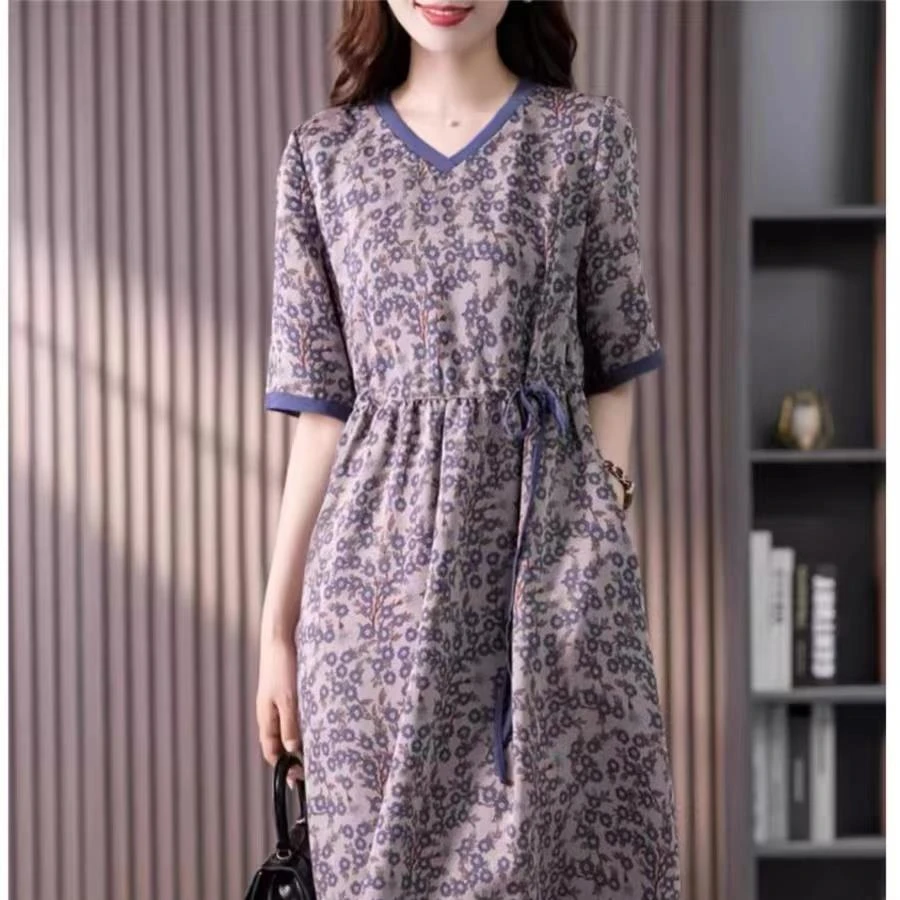 复古棉麻印花短袖连衣裙女夏季2025新款宽松显瘦气质休闲过膝长裙