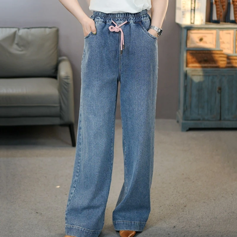 6840蓝色肌理感牛仔直筒裤宽松2025秋季松紧时尚休闲百搭牛仔裤