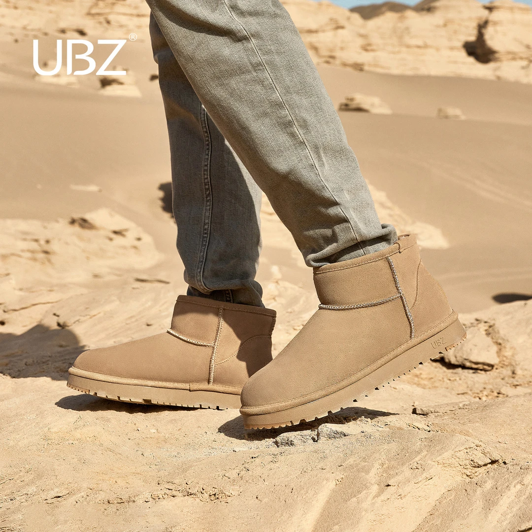 UBZ 防水雪地靴男2025年新款冬季加绒真皮厚底防滑加厚短靴面包鞋