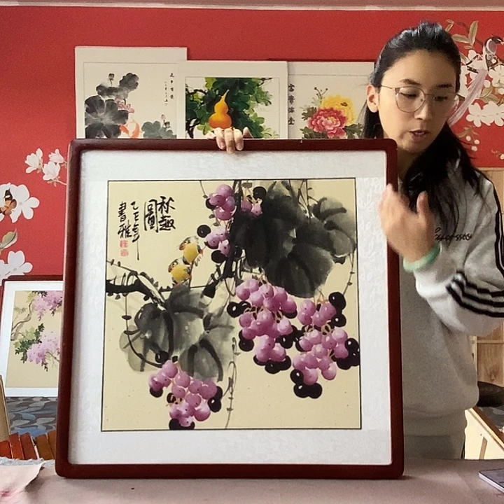 国画手写手绘国画作品带框包邮62✖️62