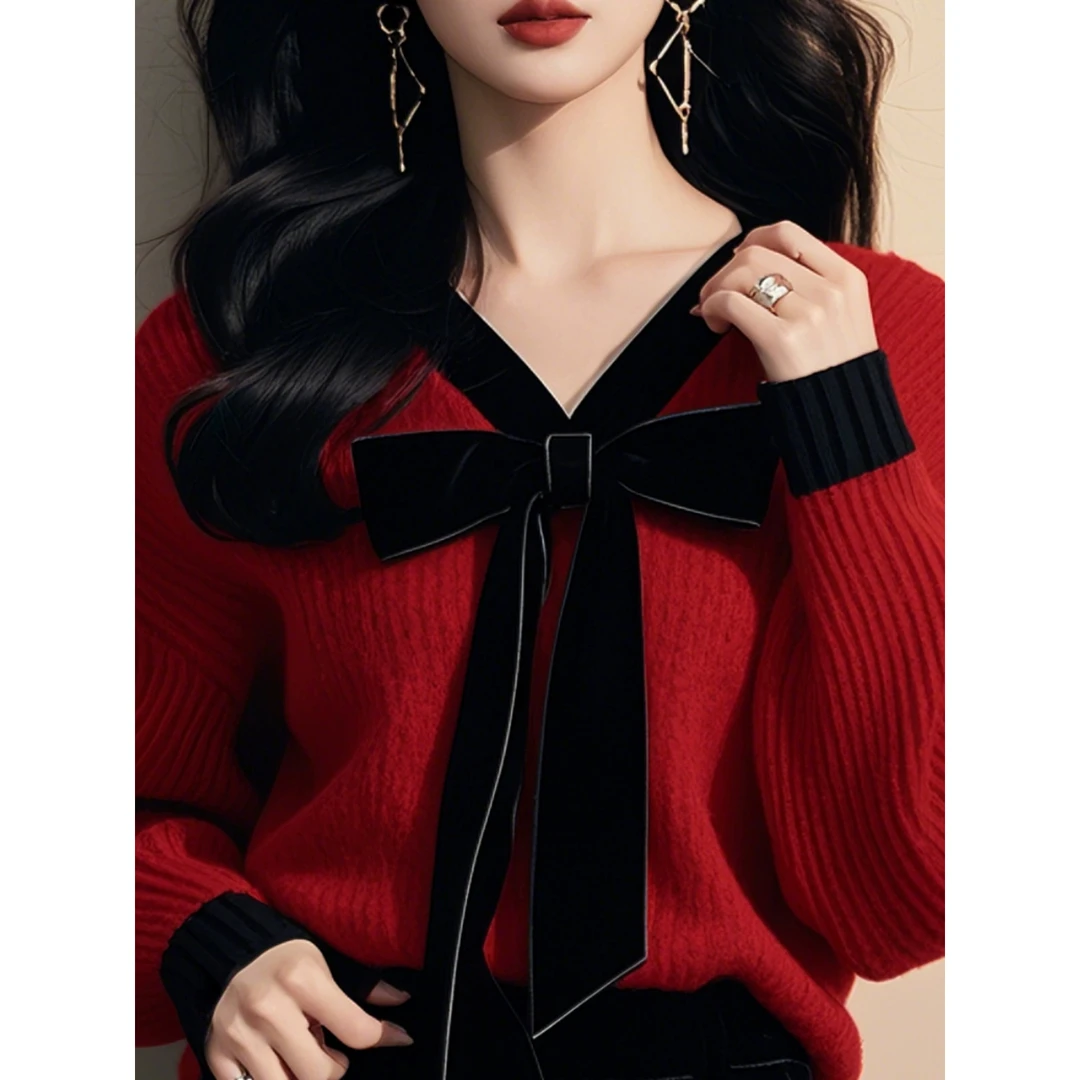 La Chapelle/拉夏贝尔氛围感咖色蝴蝶结系带毛衣冬独特针织上衣