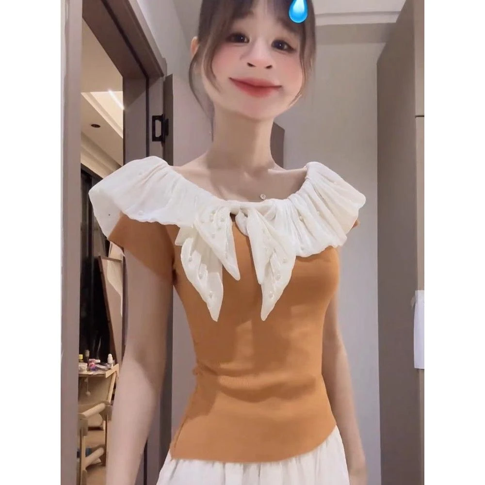 7061#2025夏新款一字领时尚蝴蝶结短袖针织衫女气质重工钉珠休闲