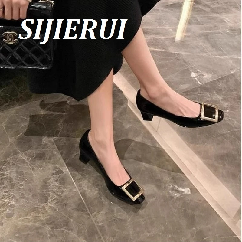 SIJIERUI2025年春夏新款方头浅口漆皮粗跟通勤单鞋女中跟高跟鞋女