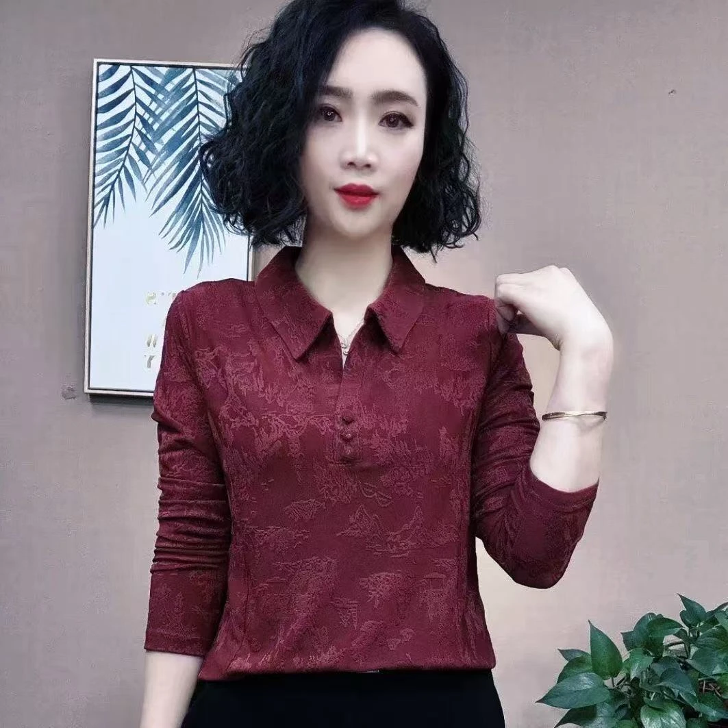 新款时尚翻领休闲提花长袖小衫减龄洋气气质显瘦打底妈妈上衣外穿