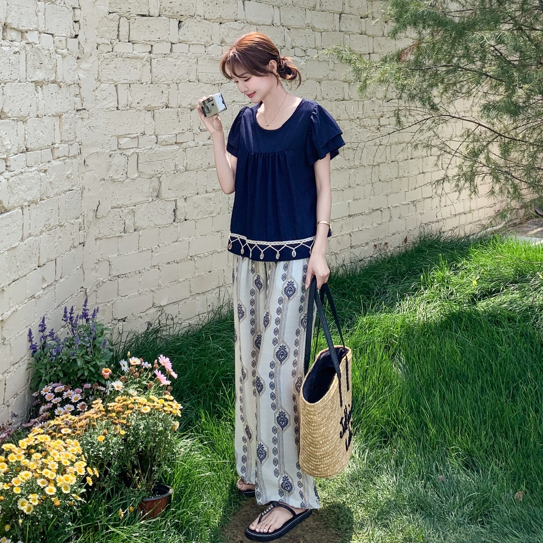 波西米亚风休闲穿搭一整套女2025夏季新款设计感上衣阔腿裤两件套