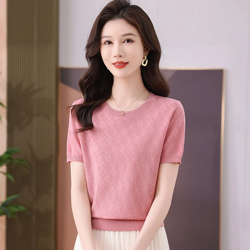 【莱赛尔】2025新款圆领时尚短袖针织衫纯色百搭清凉透气薄款女上衣