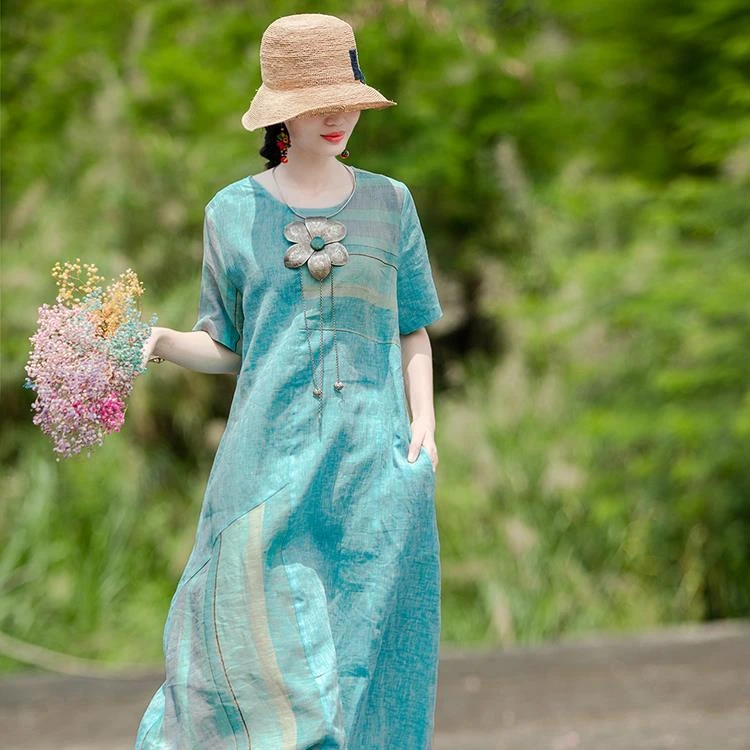 日本外贸一线品牌夏季文艺复古棉麻连衣裙宽松拼接休闲气质长裙子