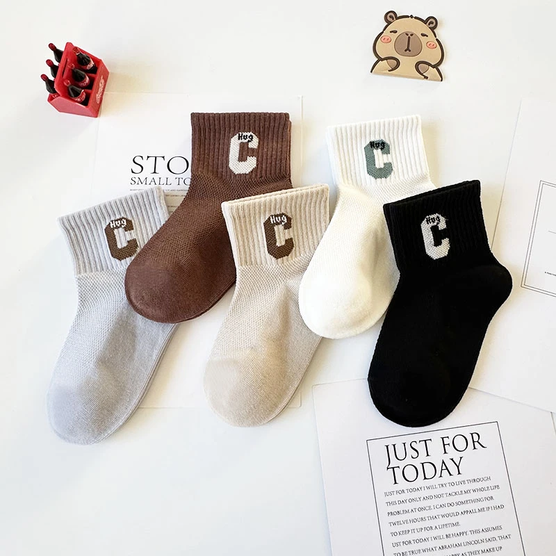 爱嘀嗒儿童袜子春夏季薄款网眼字母韩版百搭学生潮袜男女童宝宝袜