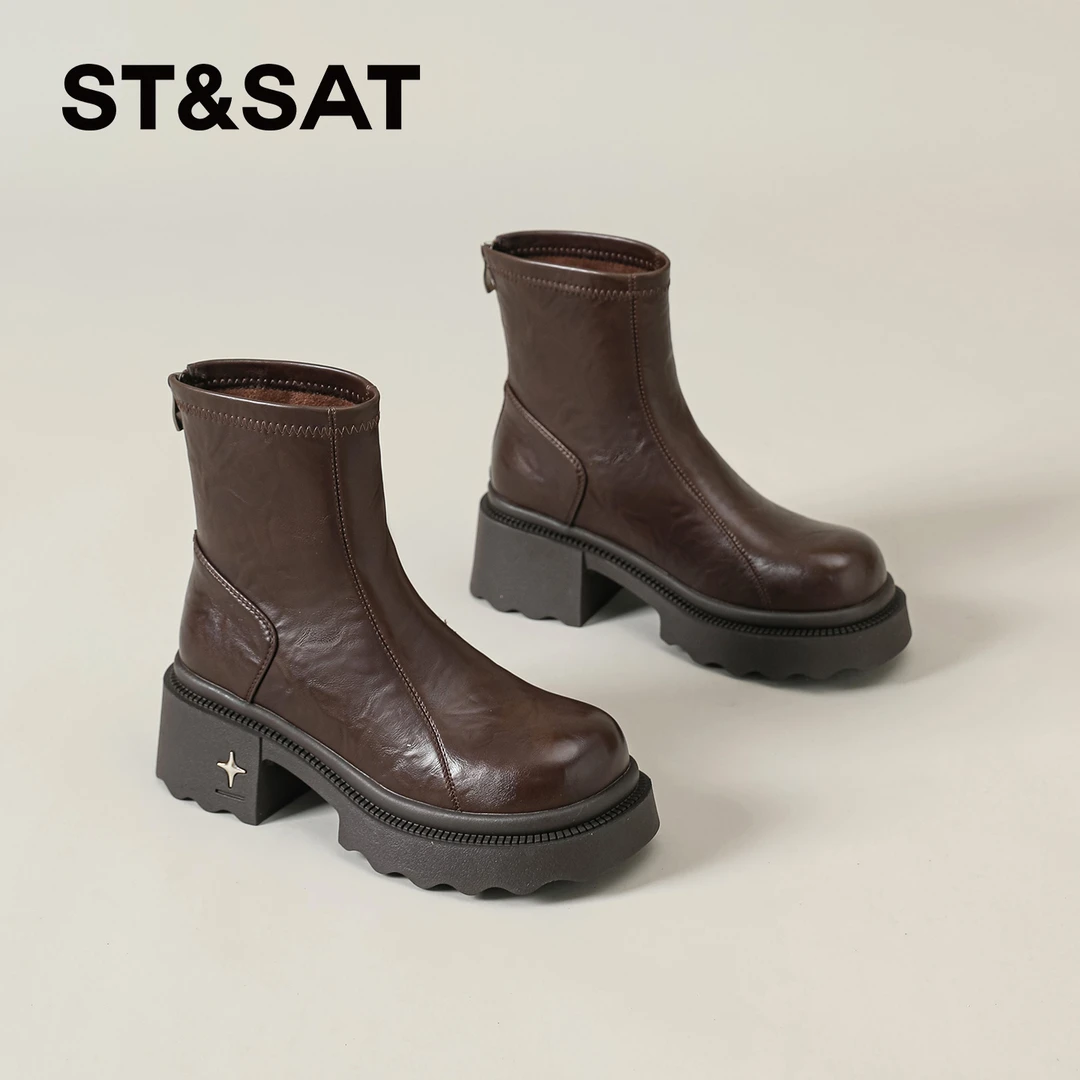 星期六美拉德复古短靴女士2025新款冬季漆面马丁靴百搭高跟瘦瘦靴