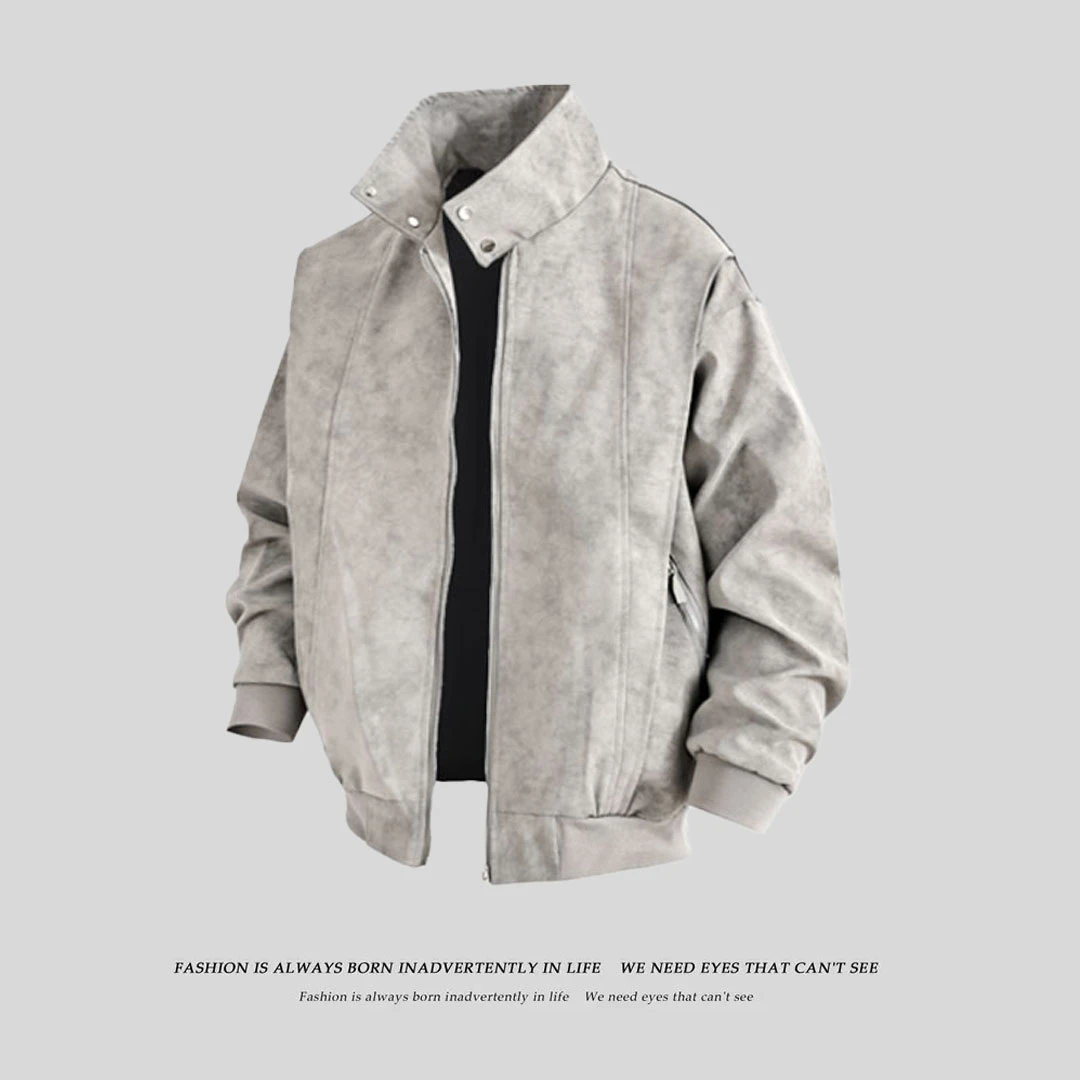 夹克男女款春季美式复古棒球领休闲宽松美拉德水洗皮衣港风