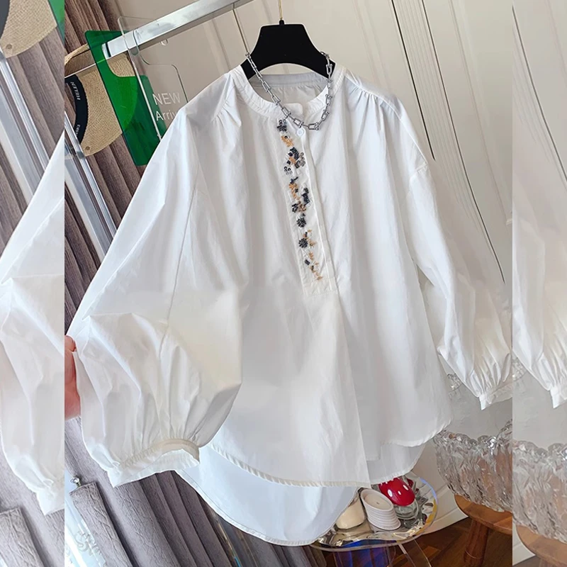 高级感重工串珠新中式圆领长袖衬衫上衣女装早春新款百搭小衫潮流