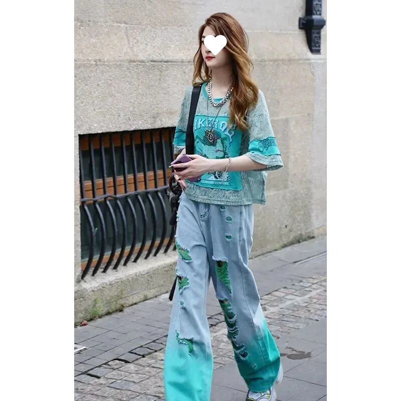 2025夏季新款洋气百搭休闲圆领T恤女时尚高腰束腰休闲两件套装女