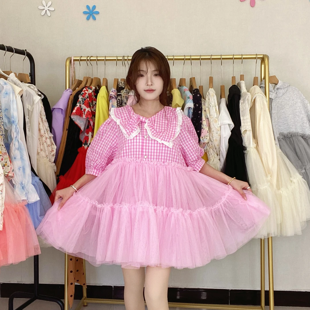 设计师款春夏网纱拼接连衣裙女款洋气重工蓬蓬裙漂亮别致网格小衫