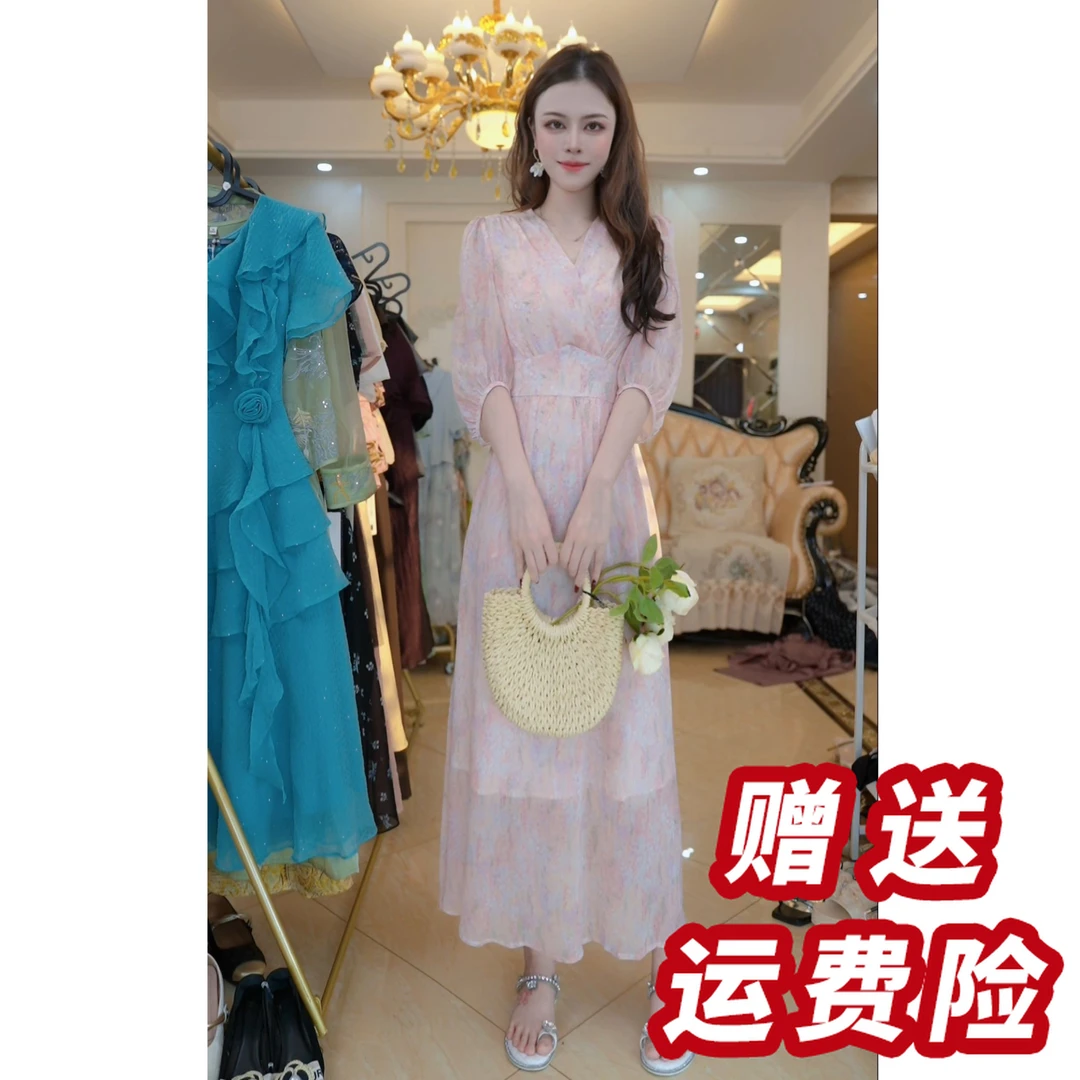 （赠送运费险）粉色碎花连衣裙女小众设计气质茶歇法式裙子J5190